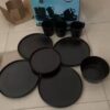 16pcs black set place  4 flat plate 4 saucer 4 bowl 4 cups